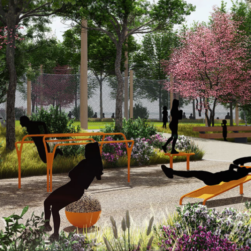 Green oasis with elegant workout fitness equipment at Hudson River Park in New York