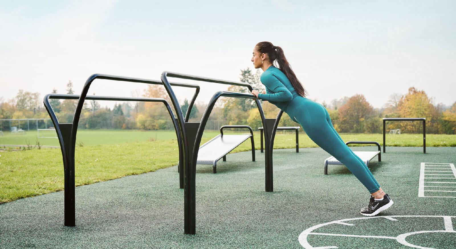 Outdoor fitness area with equipment suitable for anybody. Parallel Bar is usefull for calisthenics workouts.