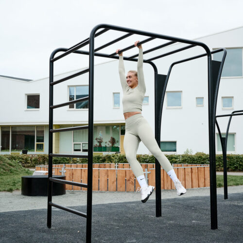 The sculptural and durable outdoor fitness equipment can be installed in any outdoor training area.