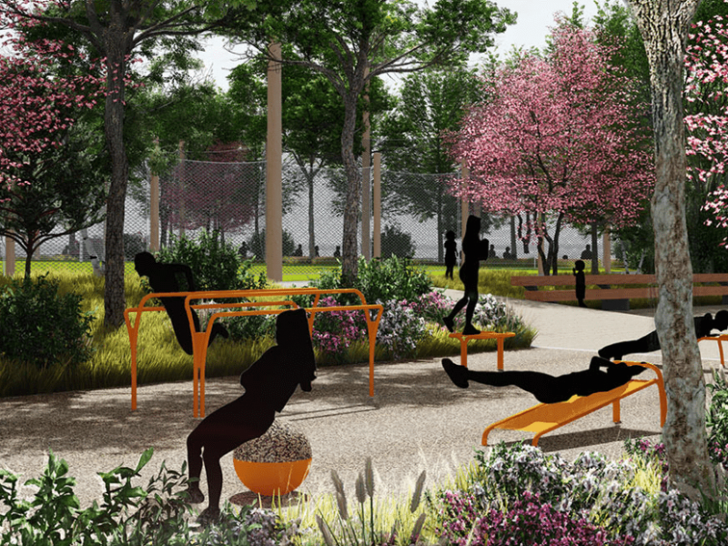 Green oasis with elegant workout fitness equipment at Hudson River Park in New York