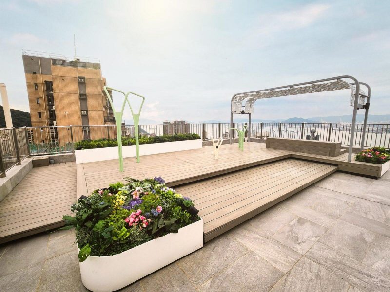 Active outdoor space with fitness equipment in Hong Kong at rooftop