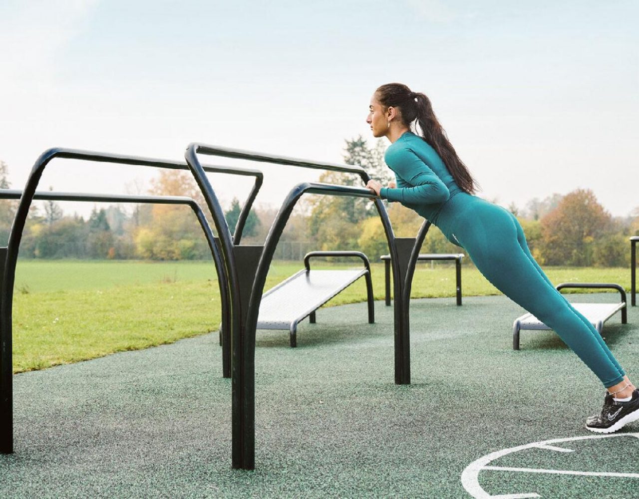 Outdoor fitness area with equipment suitable for anybody. Parallel Bar is usefull for calisthenics workouts.