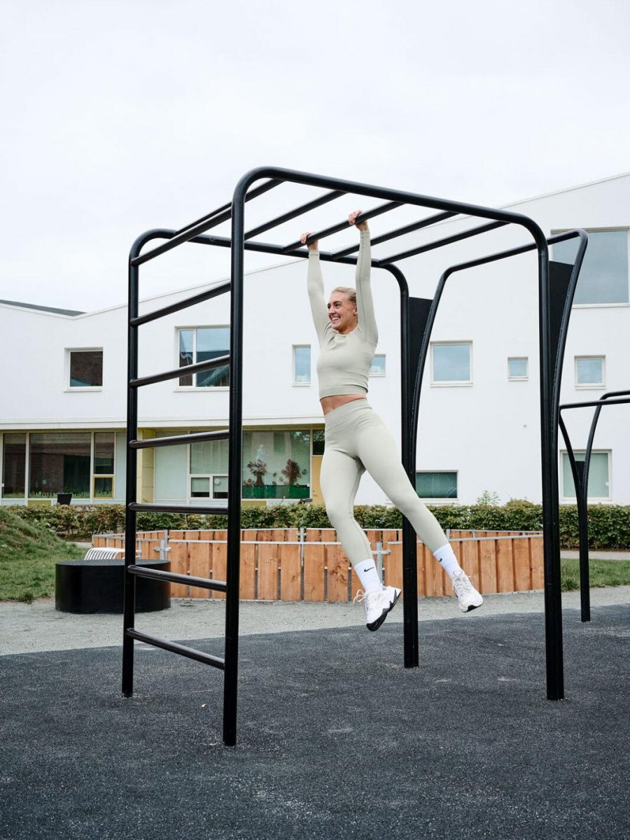 The sculptural and durable outdoor fitness equipment can be installed in any outdoor training area.